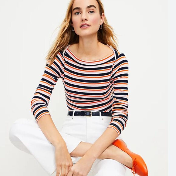 Loft Striped Ribbed Boatneck Tee - Women's Size Medium - New with tags! - Picture 1 of 6